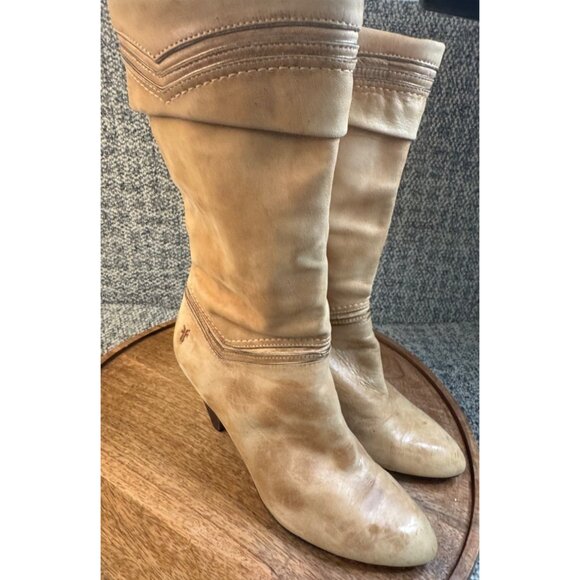 Frye Simone Cuff Mid-Calf Leather Natural Tan Boots With Stacked Heel.Size 8 - Picture 6 of 13